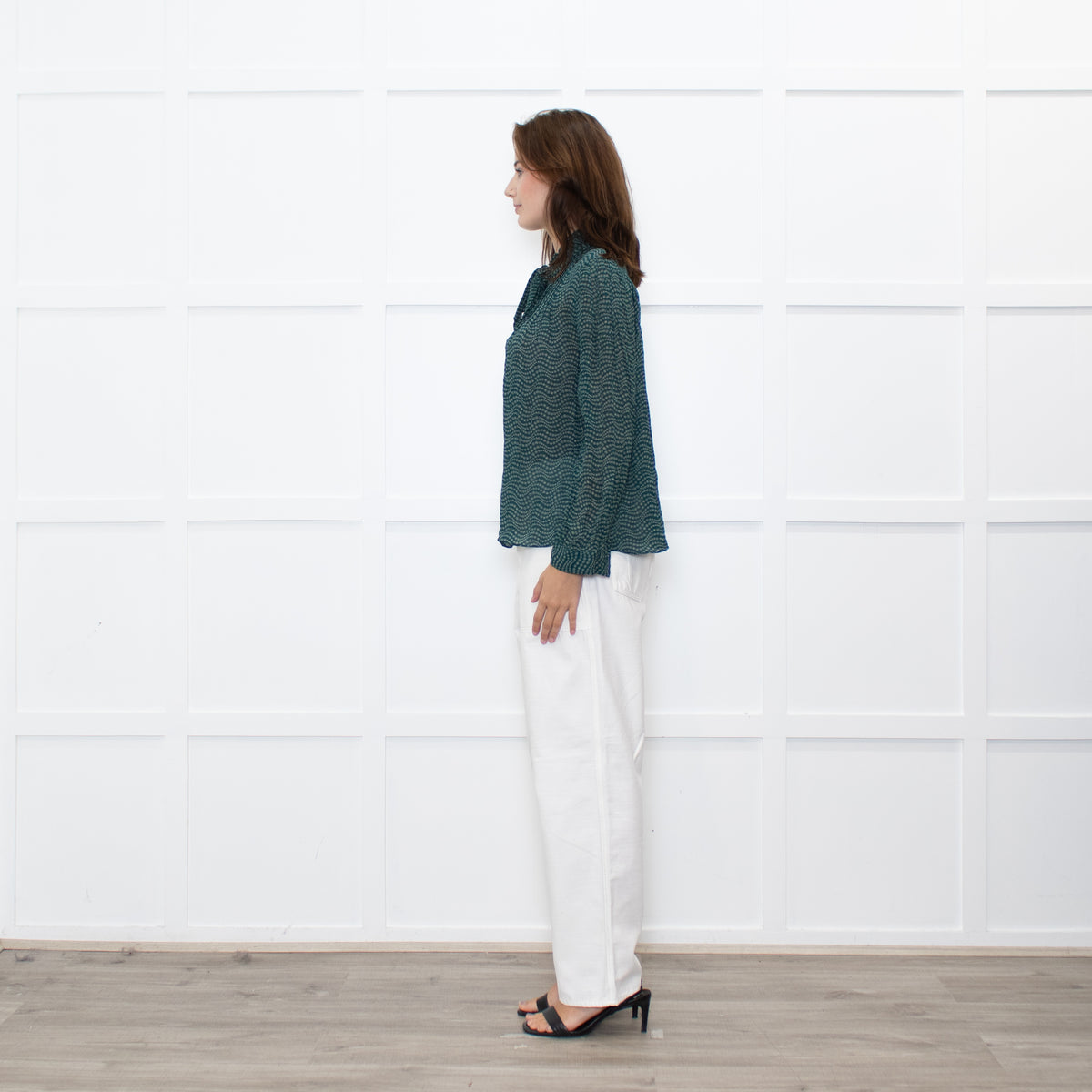 Ba&sh Green White Print Bow Tie Blouse