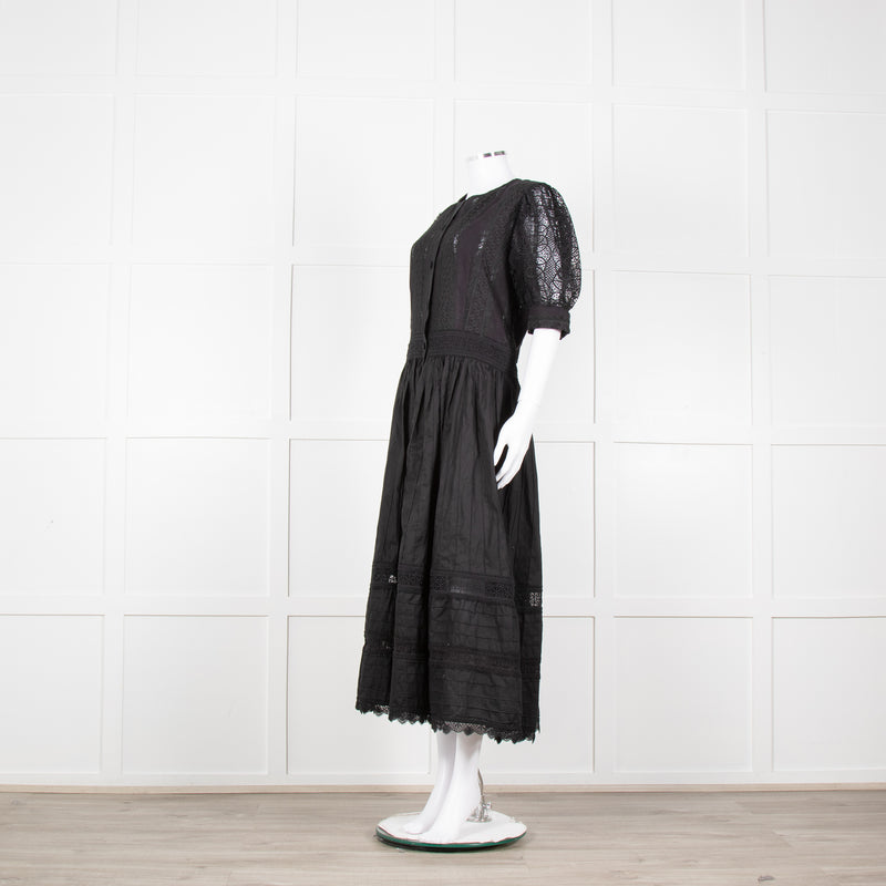 Waimari Black Cotton Lace Detail Puff Sleeve Maxi Dress