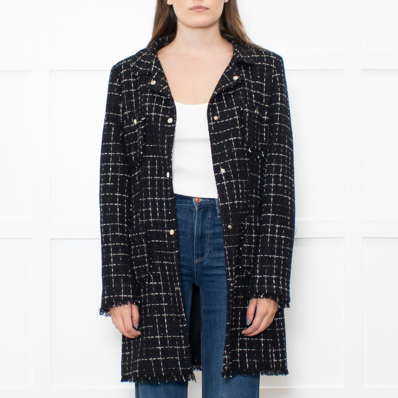 Herno Black Tweed With Gold Thread Raw Hem Peter Pan Collar Coat