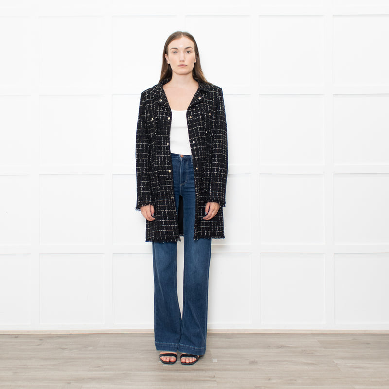 Herno Black Tweed With Gold Thread Raw Hem Peter Pan Collar Coat
