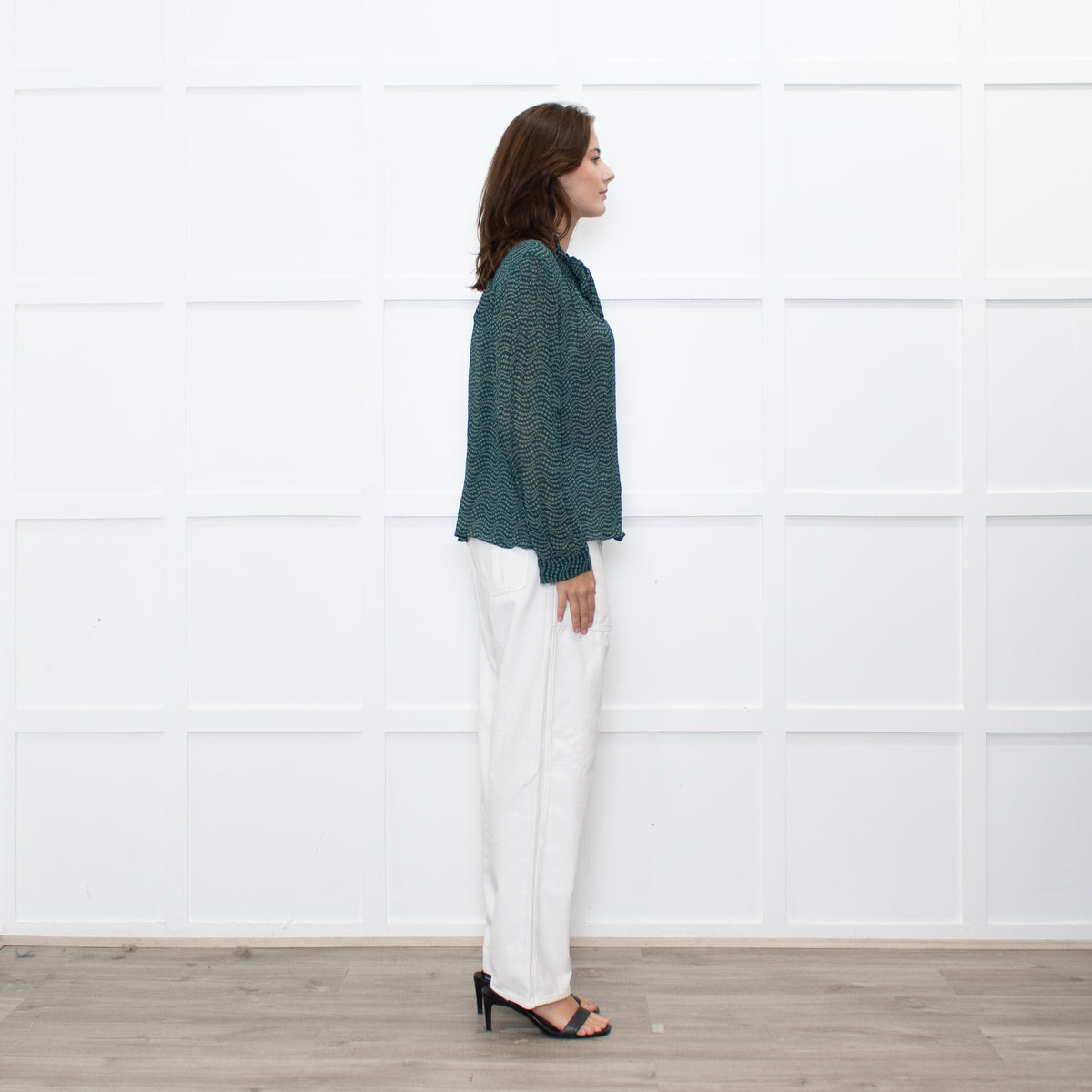 Ba&sh Green White Print Bow Tie Blouse