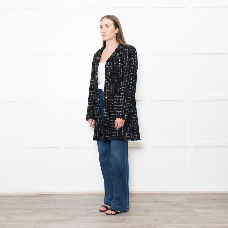Herno Black Tweed With Gold Thread Raw Hem Peter Pan Collar Coat