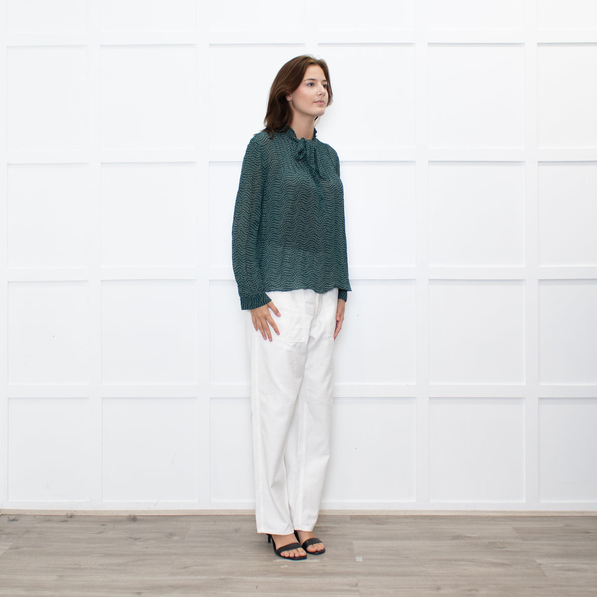 Ba&sh Green White Print Bow Tie Blouse