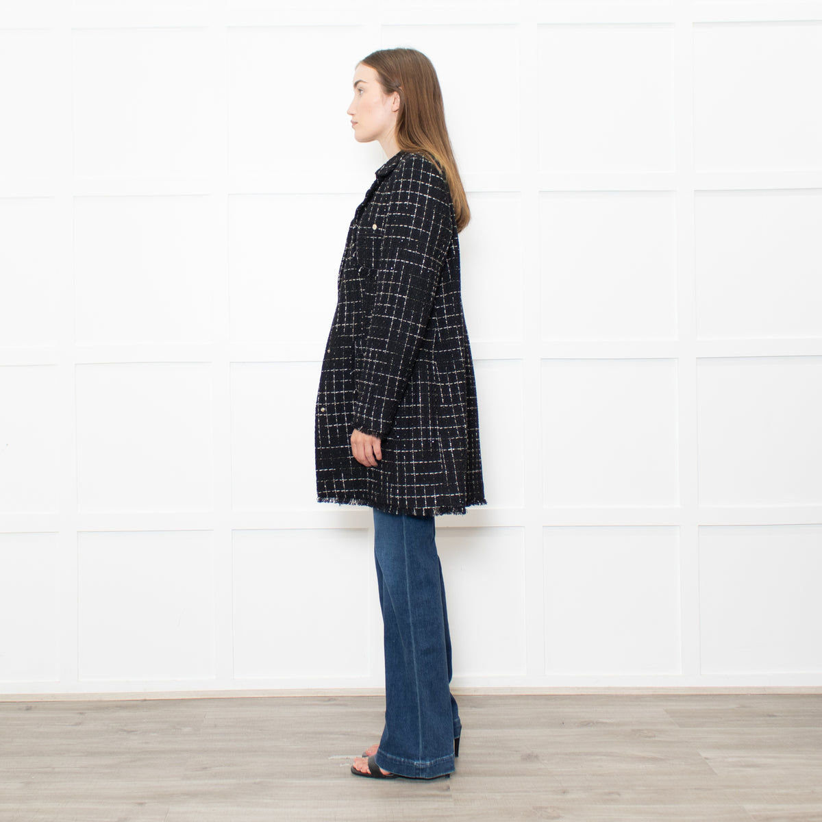 Herno Black Tweed With Gold Thread Raw Hem Peter Pan Collar Coat