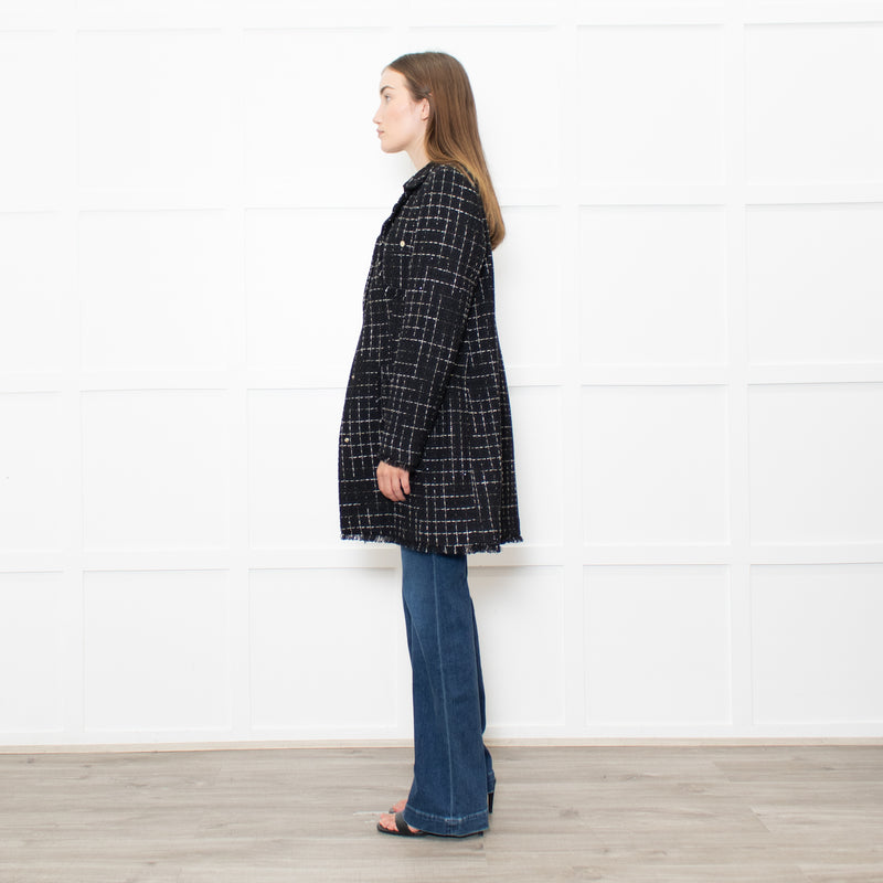 Herno Black Tweed With Gold Thread Raw Hem Peter Pan Collar Coat