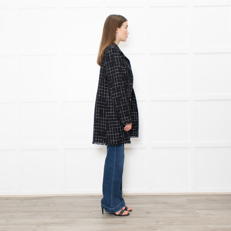 Herno Black Tweed With Gold Thread Raw Hem Peter Pan Collar Coat