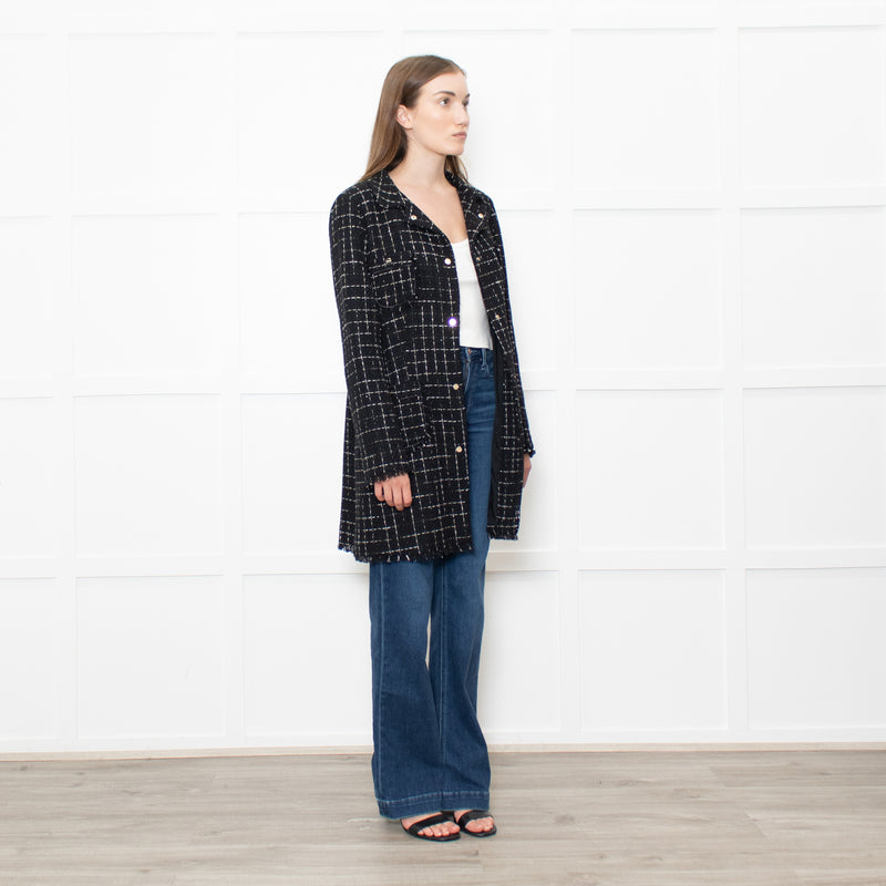 Herno Black Tweed With Gold Thread Raw Hem Peter Pan Collar Coat