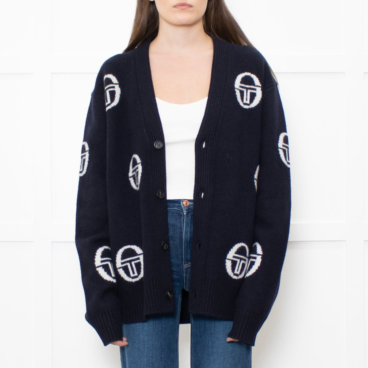 Sergio Tacchini Navy Cucire Logo Printed Cardigan