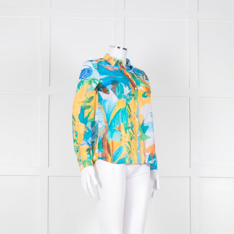Sezane Blue Yellow Paradise Print Cotton Shirt