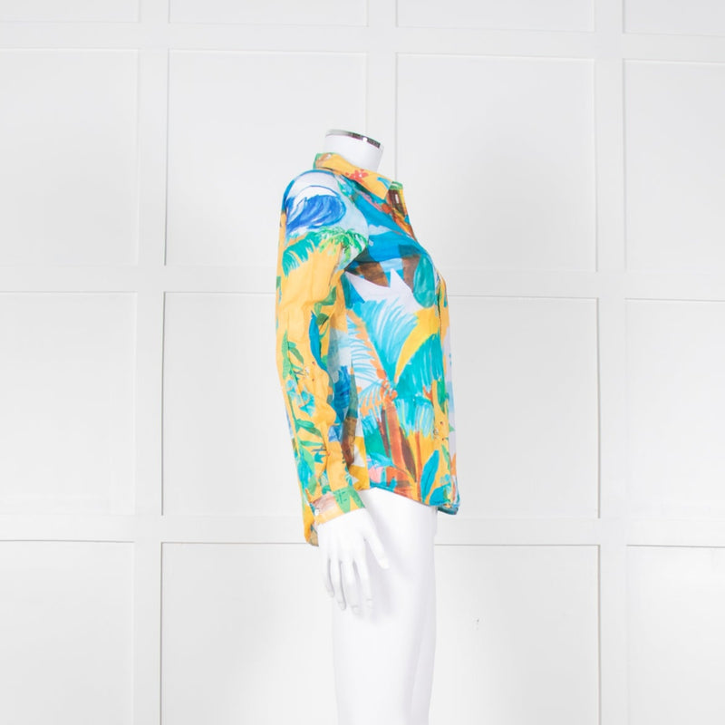 Sezane Blue Yellow Paradise Print Cotton Shirt
