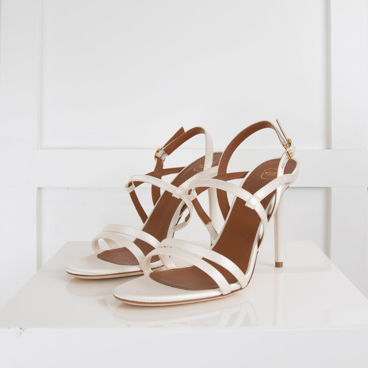 Malone Souliers Cream Satin Strappy Heeled Sandals
