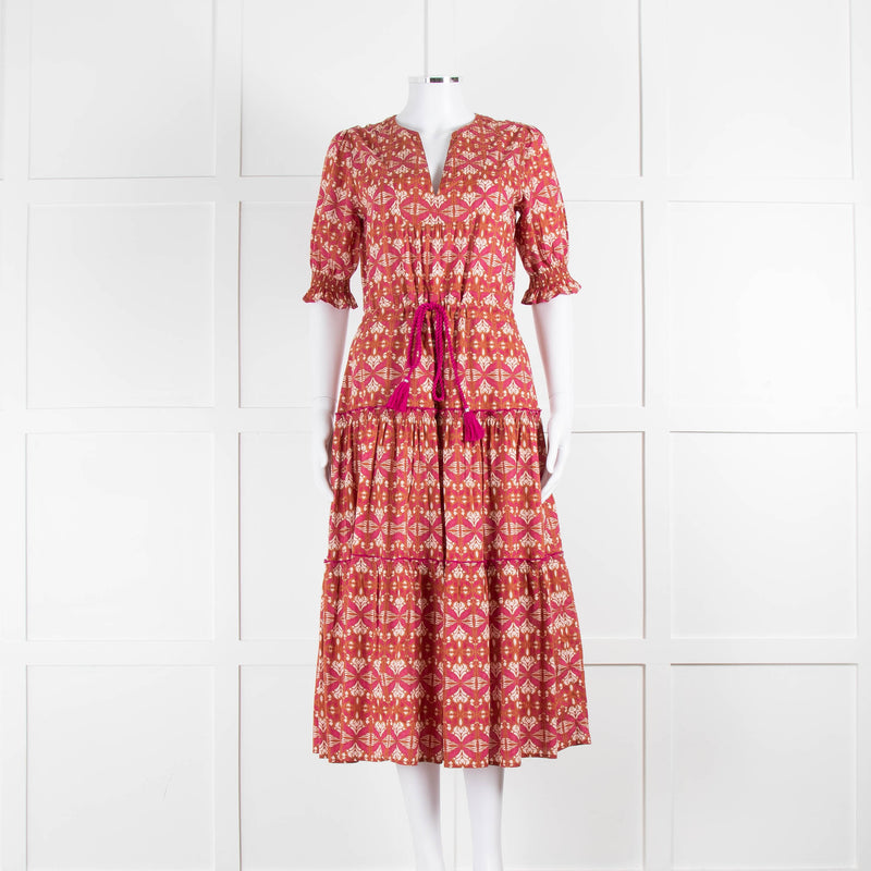 Lexy London Tan Pink Cotton Tiered Short Sleeve Dress