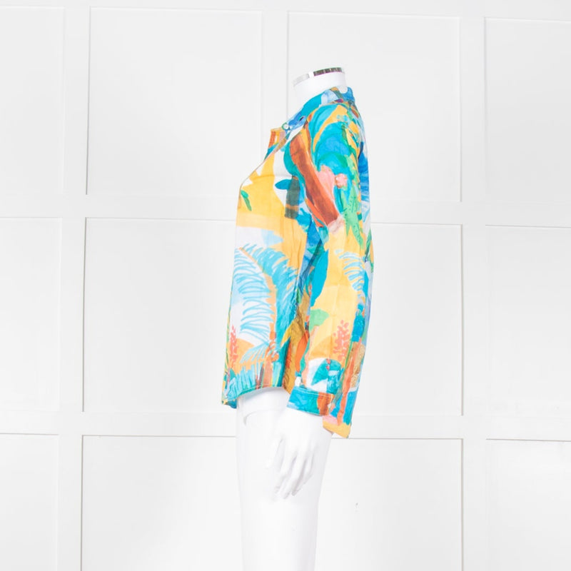Sezane Blue Yellow Paradise Print Cotton Shirt