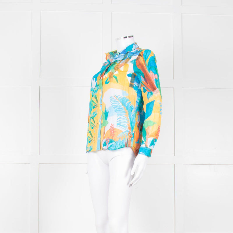 Sezane Blue Yellow Paradise Print Cotton Shirt