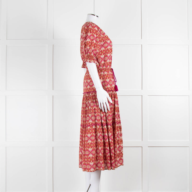 Lexy London Tan Pink Cotton Tiered Short Sleeve Dress