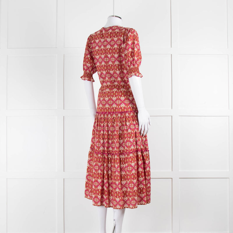 Lexy London Tan Pink Cotton Tiered Short Sleeve Dress