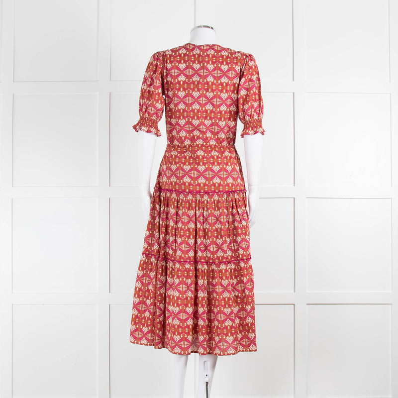 Lexy London Tan Pink Cotton Tiered Short Sleeve Dress