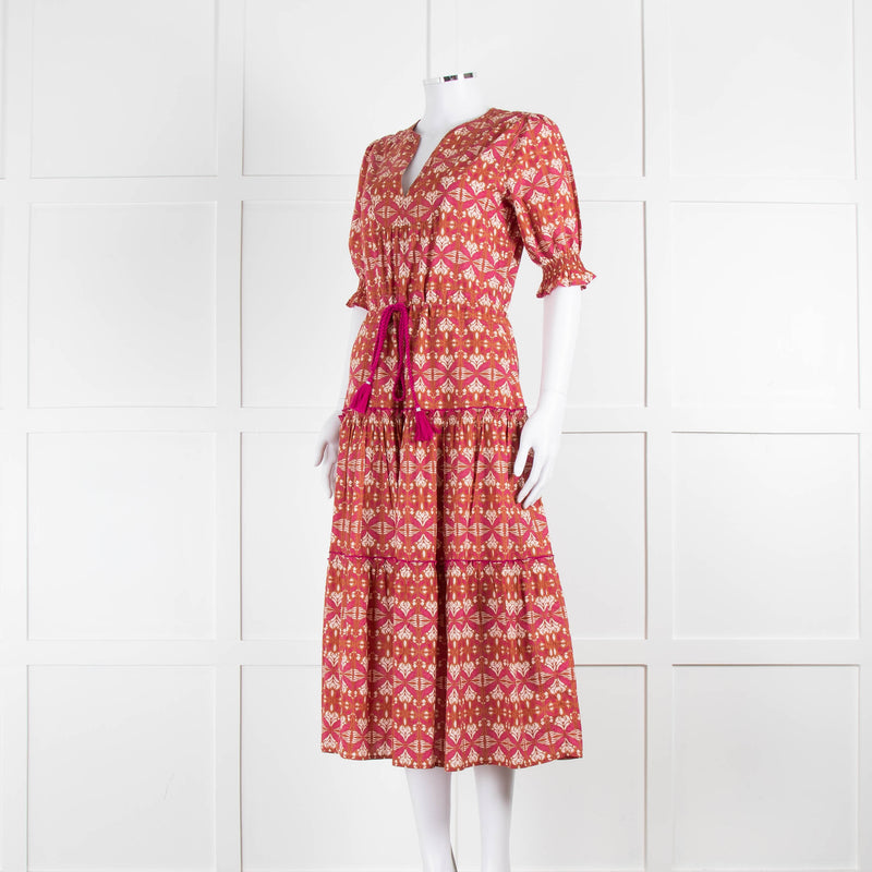 Lexy London Tan Pink Cotton Tiered Short Sleeve Dress