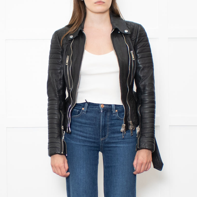 Burberry Black Leather Zip Detail Biker Jacket