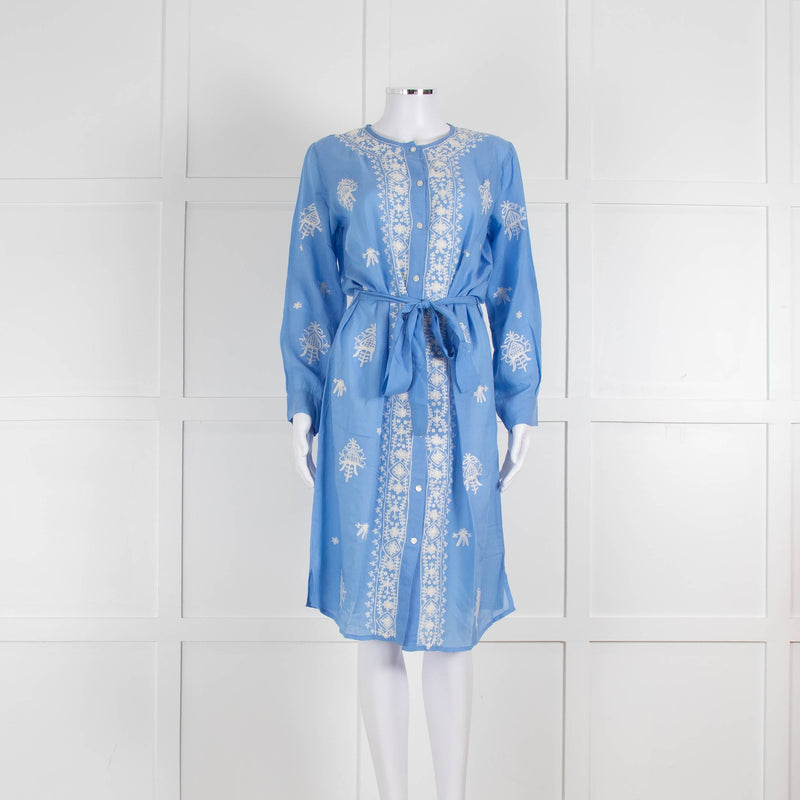 Melissa Odabash Blue Soft Collarless Shirt Dress with White Embroidery