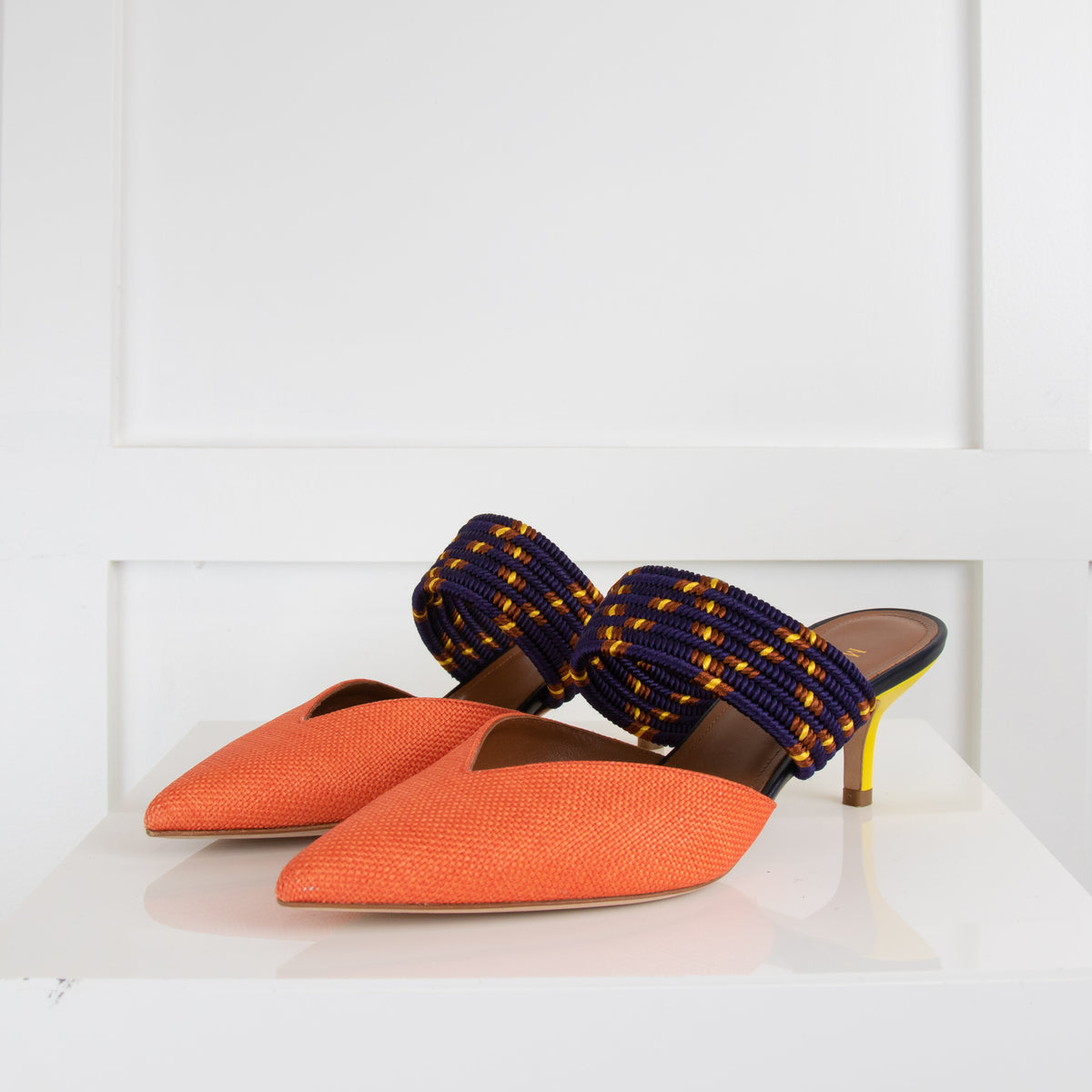 Malone Souliers Orange Fabric Purple Strap Pointy Mules