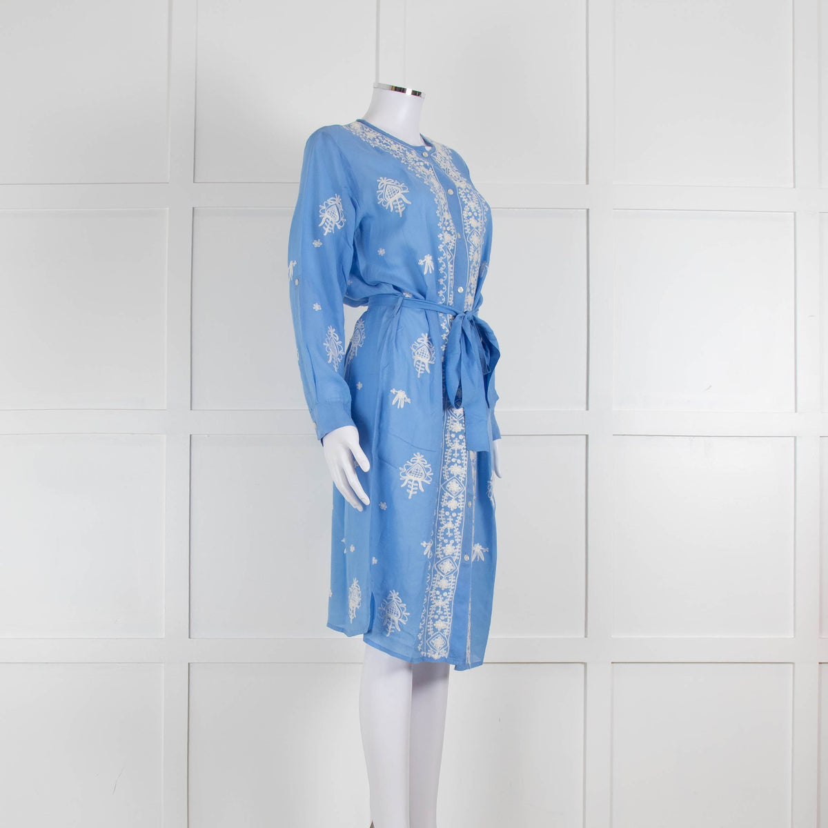 Melissa Odabash Blue Soft Collarless Shirt Dress with White Embroidery