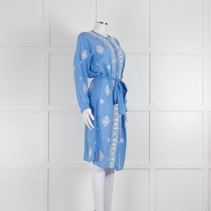 Melissa Odabash Blue Soft Collarless Shirt Dress with White Embroidery