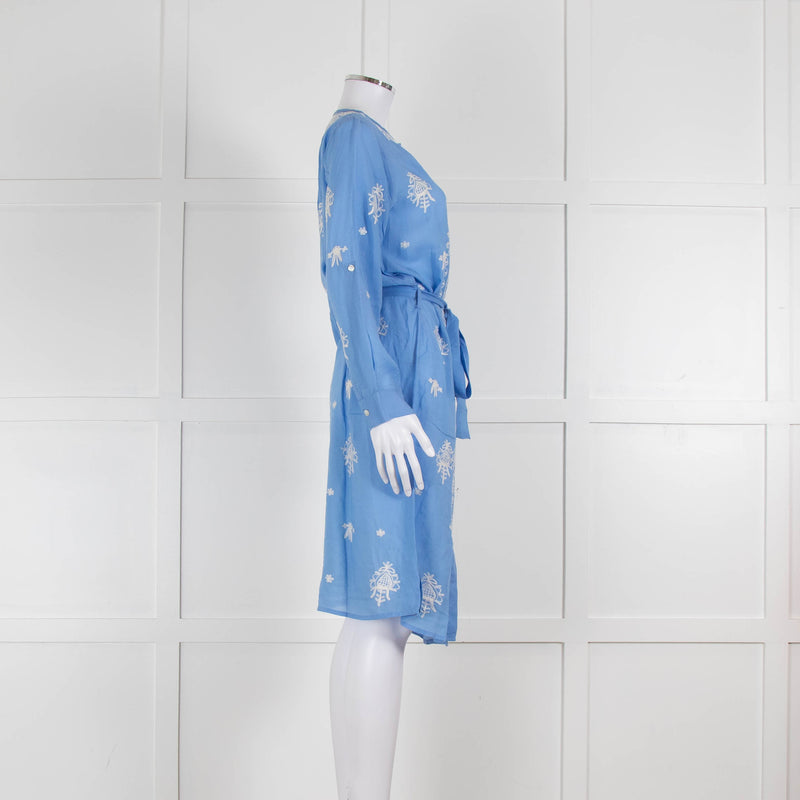 Melissa Odabash Blue Soft Collarless Shirt Dress with White Embroidery