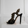 Oscar De La Renta Black Suede Gold Trim Platform Heeled Sandals