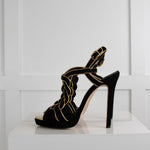 Oscar De La Renta Black Suede Gold Trim Platform Heeled Sandals