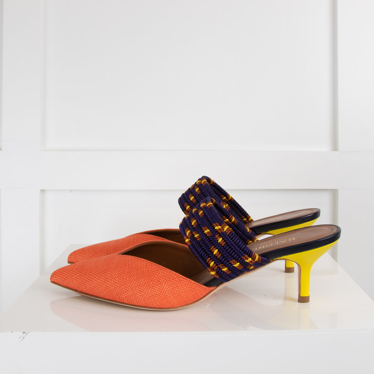 Malone Souliers Orange Fabric Purple Strap Pointy Mules