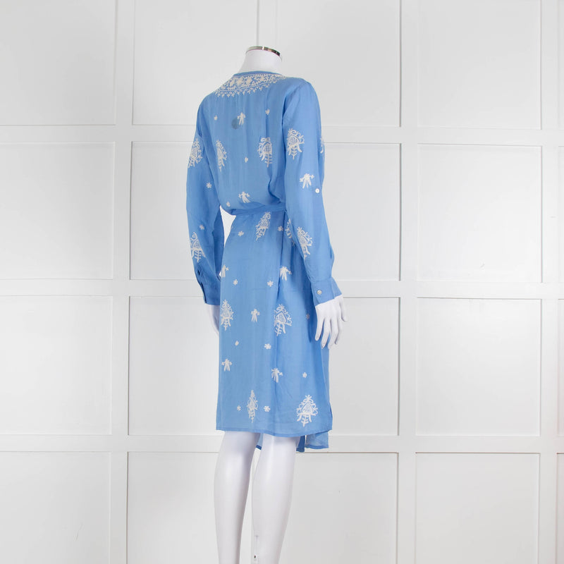 Melissa Odabash Blue Soft Collarless Shirt Dress with White Embroidery