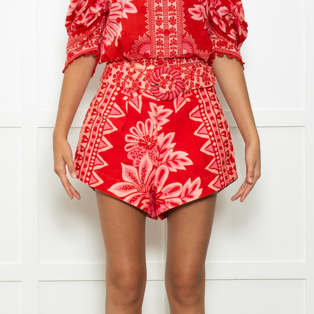 Farm Rio Big Red Flower Print Shorts With Belt