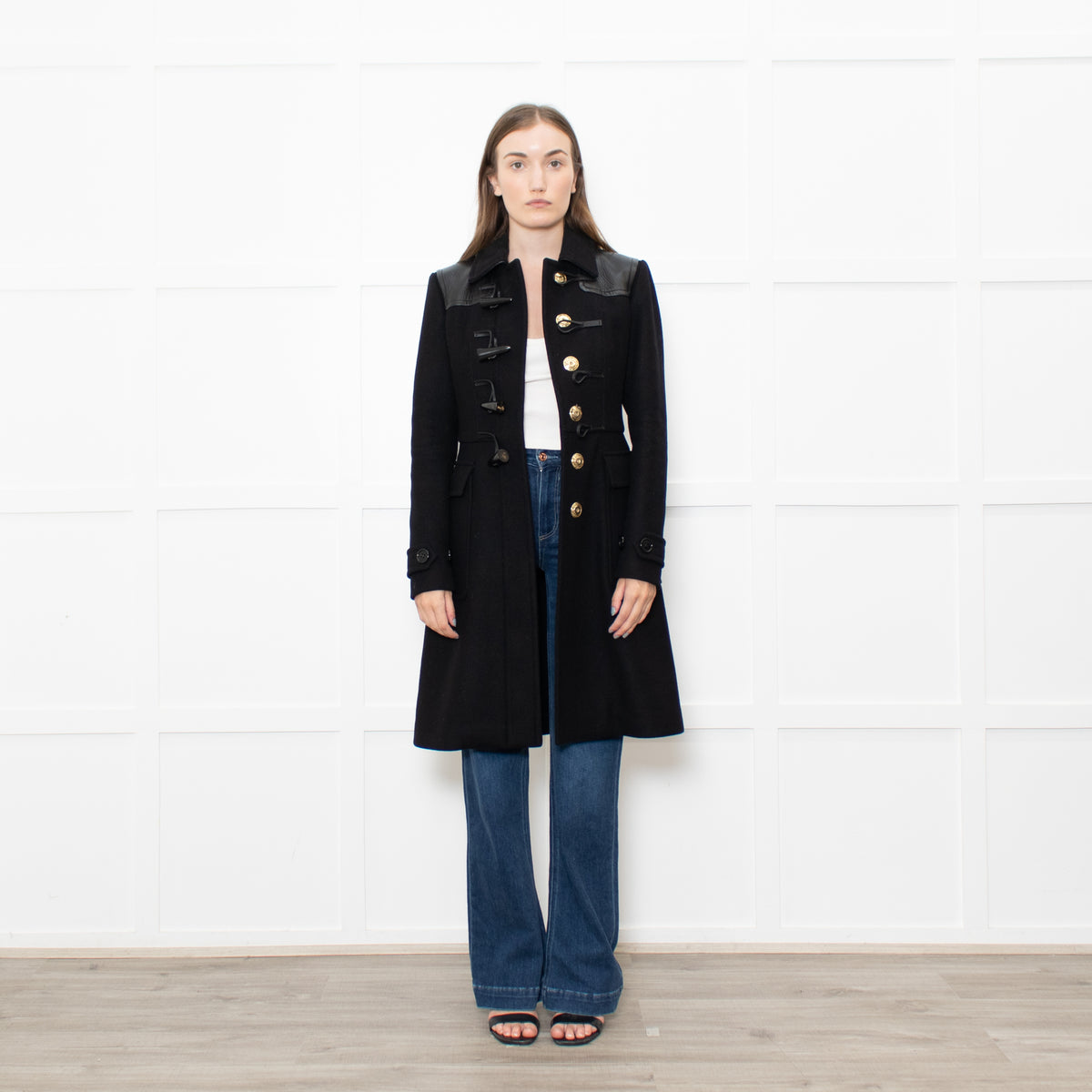 Burberry Black Wool Duffle Coat With Leather Shoulder Inserts