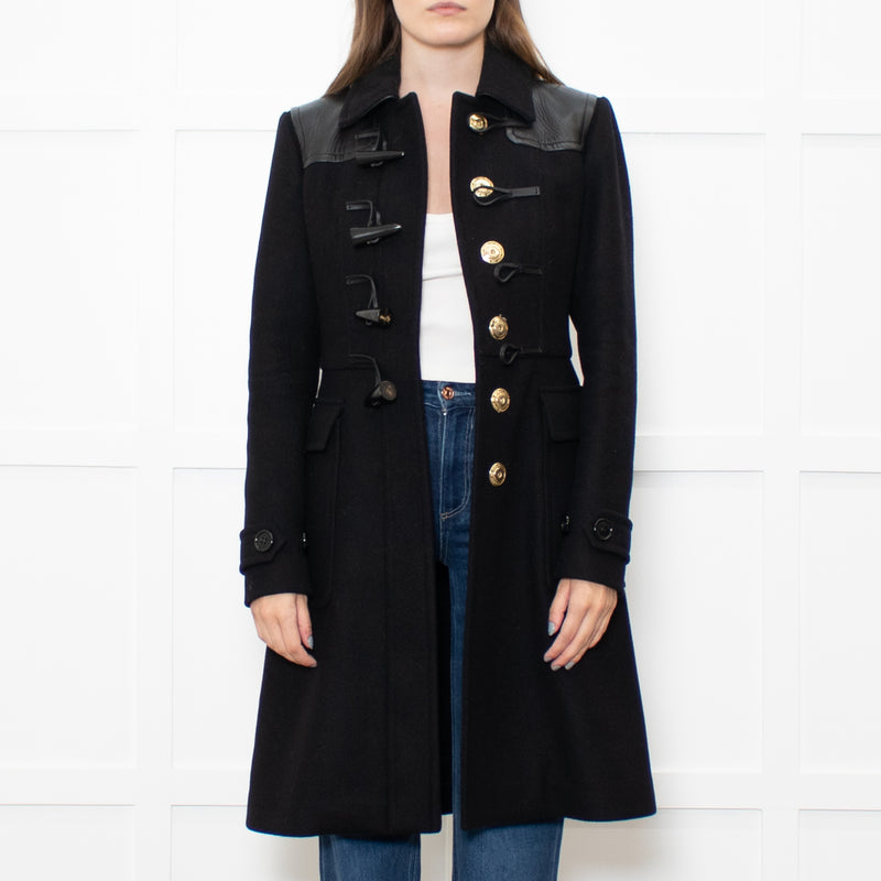 Burberry Black Wool Duffle Coat With Leather Shoulder Inserts