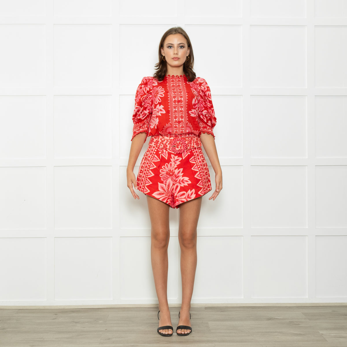 Farm Rio Red And Pink Big Flower Print Top
