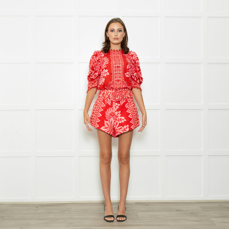 Farm Rio Red And Pink Big Flower Print Top