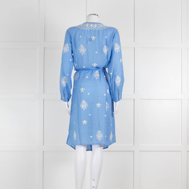 Melissa Odabash Blue Soft Collarless Shirt Dress with White Embroidery