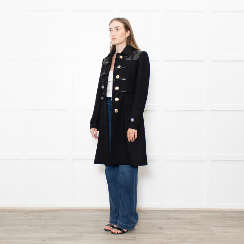 Burberry Black Wool Duffle Coat With Leather Shoulder Inserts