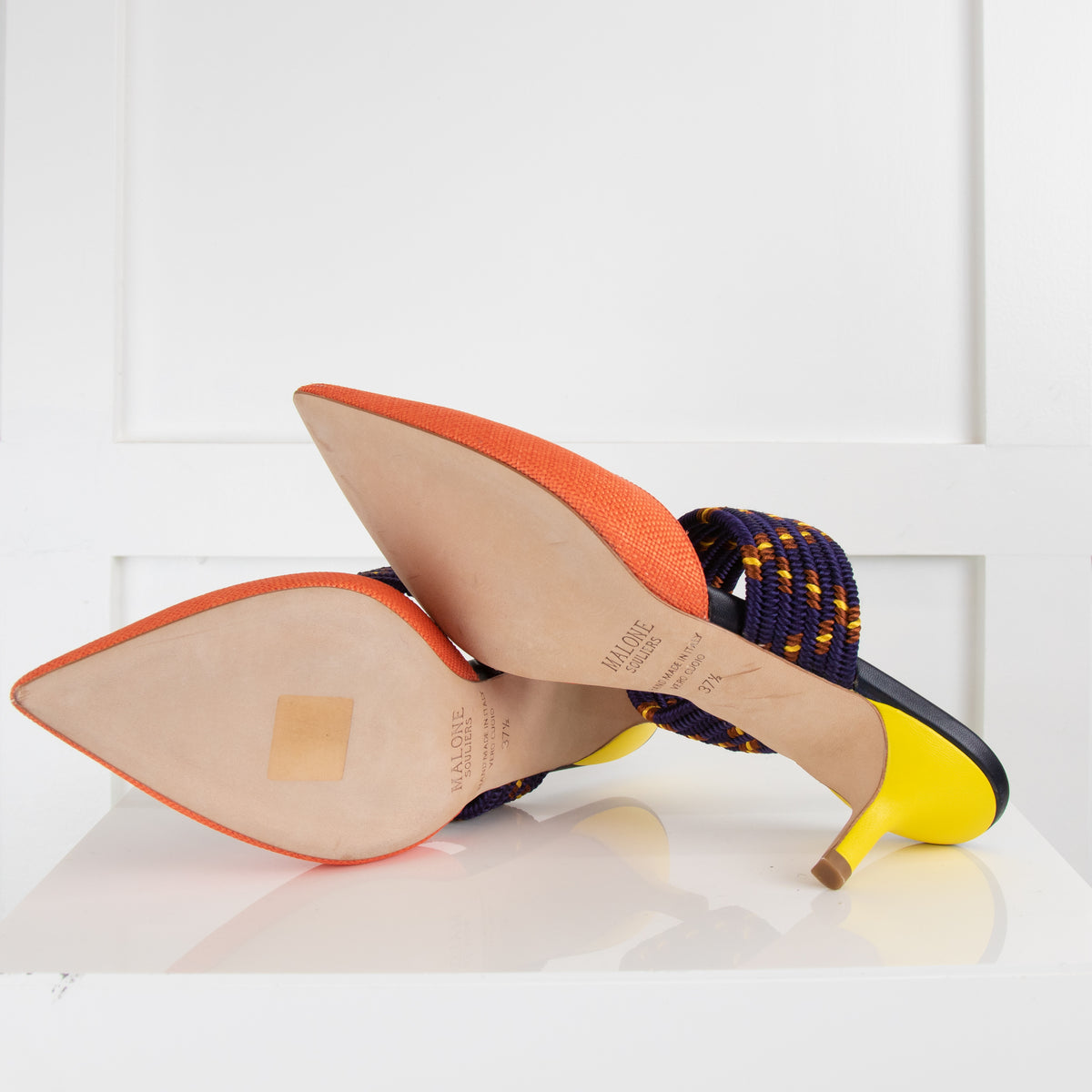Malone Souliers Orange Fabric Purple Strap Pointy Mules