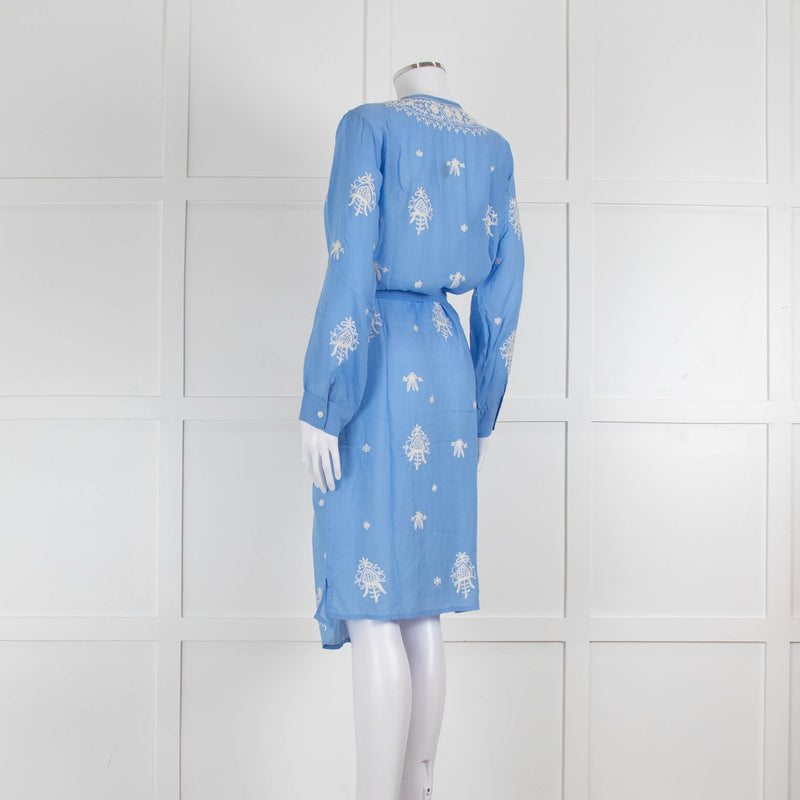 Melissa Odabash Blue Soft Collarless Shirt Dress with White Embroidery