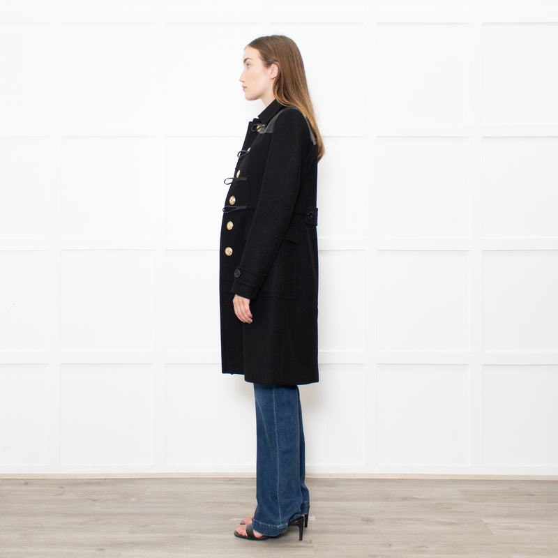 Burberry Black Wool Duffle Coat With Leather Shoulder Inserts