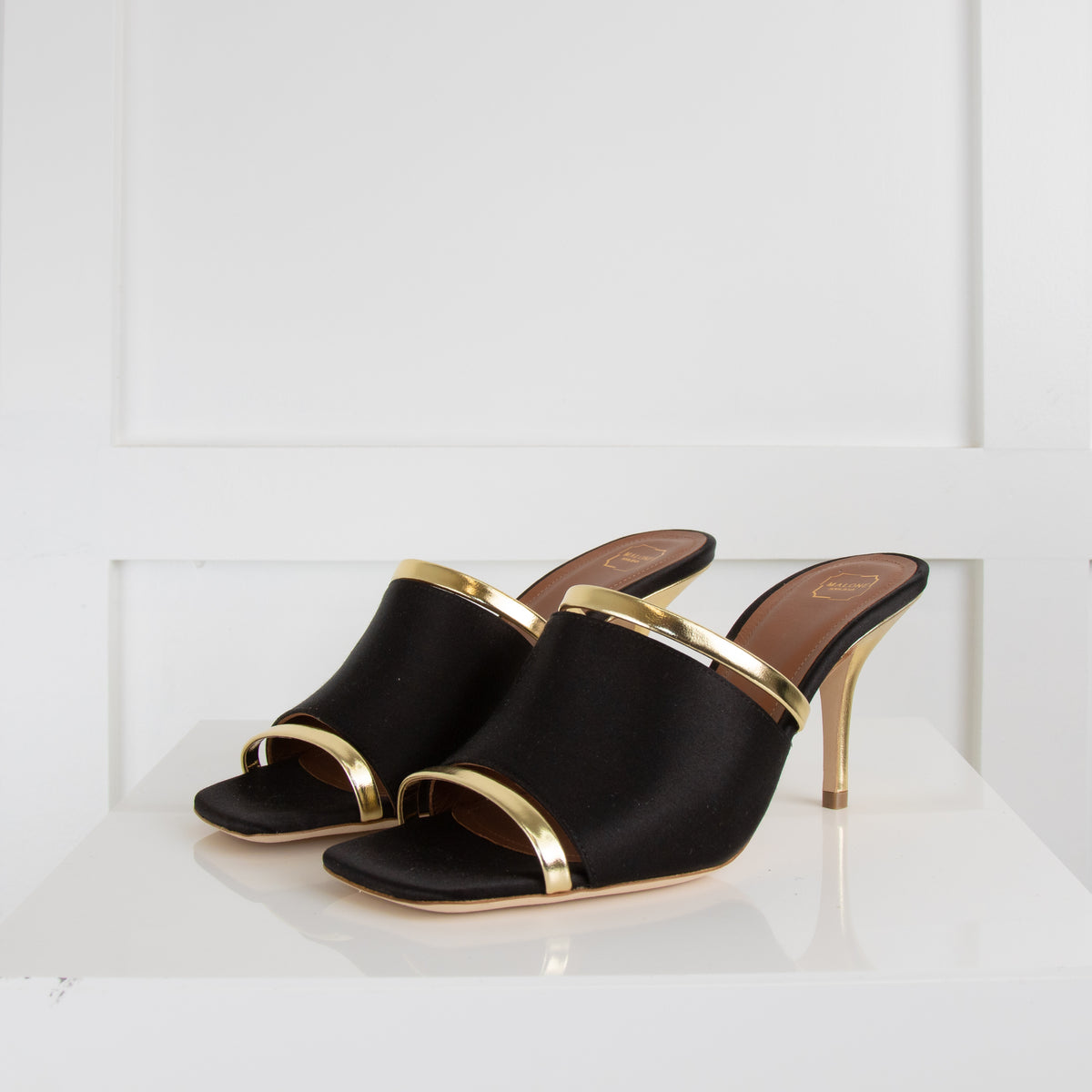 Malone Souliers Black Gold Fabric Square Toe Mules