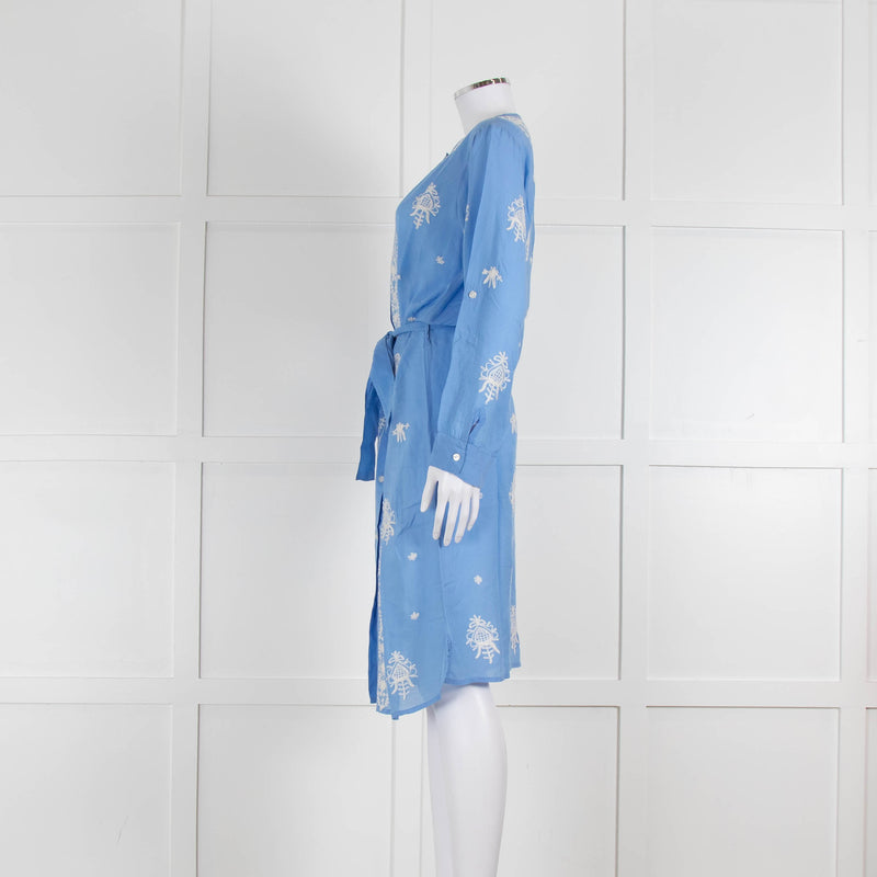 Melissa Odabash Blue Soft Collarless Shirt Dress with White Embroidery
