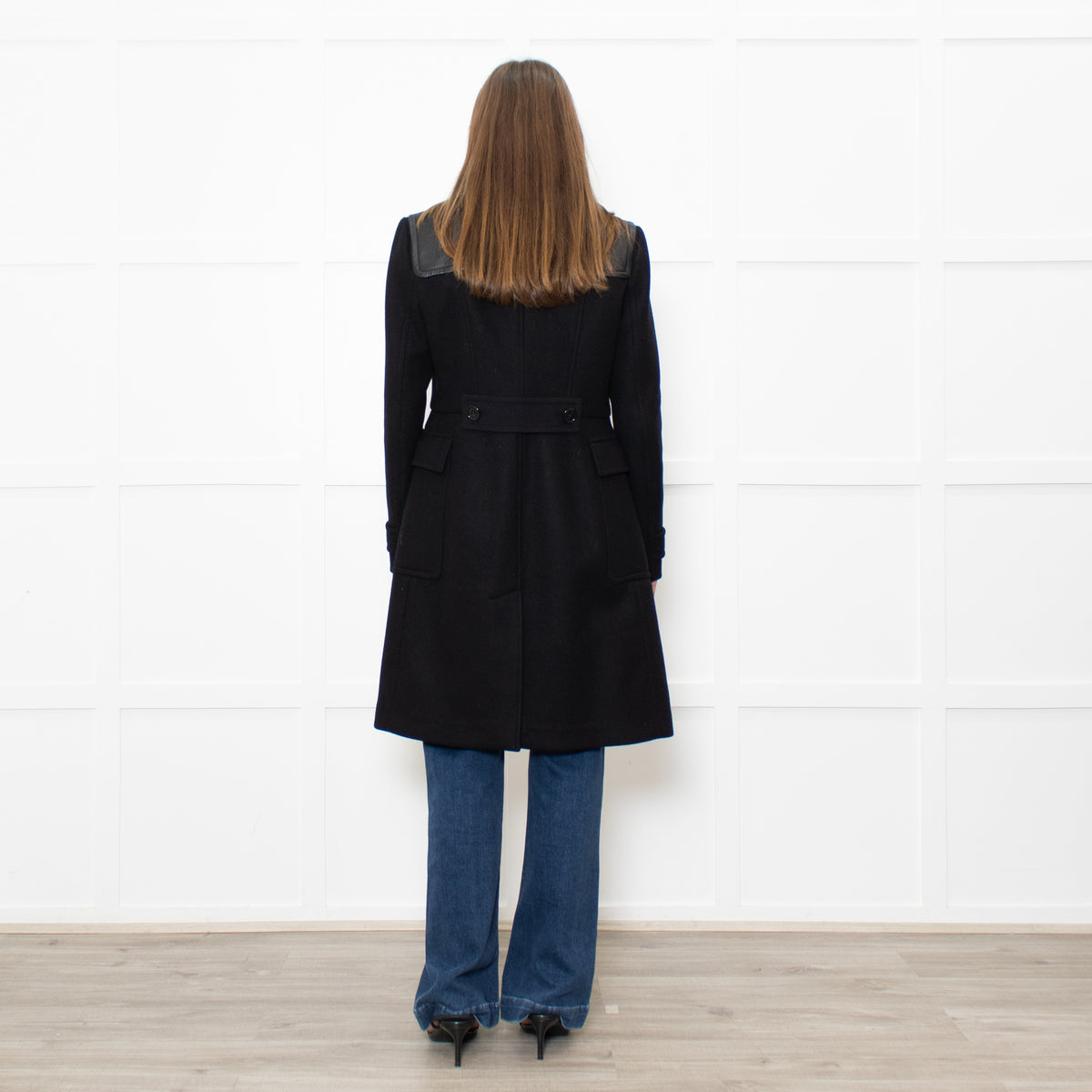 Burberry Black Wool Duffle Coat With Leather Shoulder Inserts