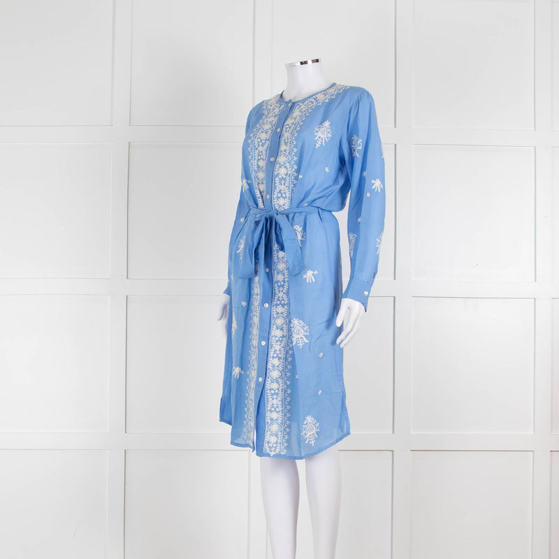 Melissa Odabash Blue Soft Collarless Shirt Dress with White Embroidery