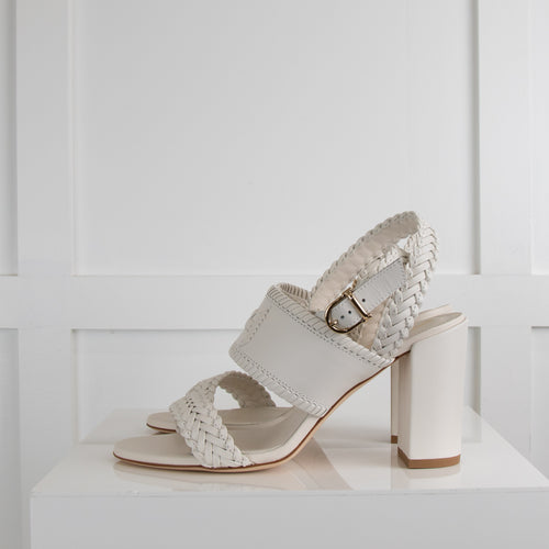 Tods White Woven Leather Trim Block Heel Sandals