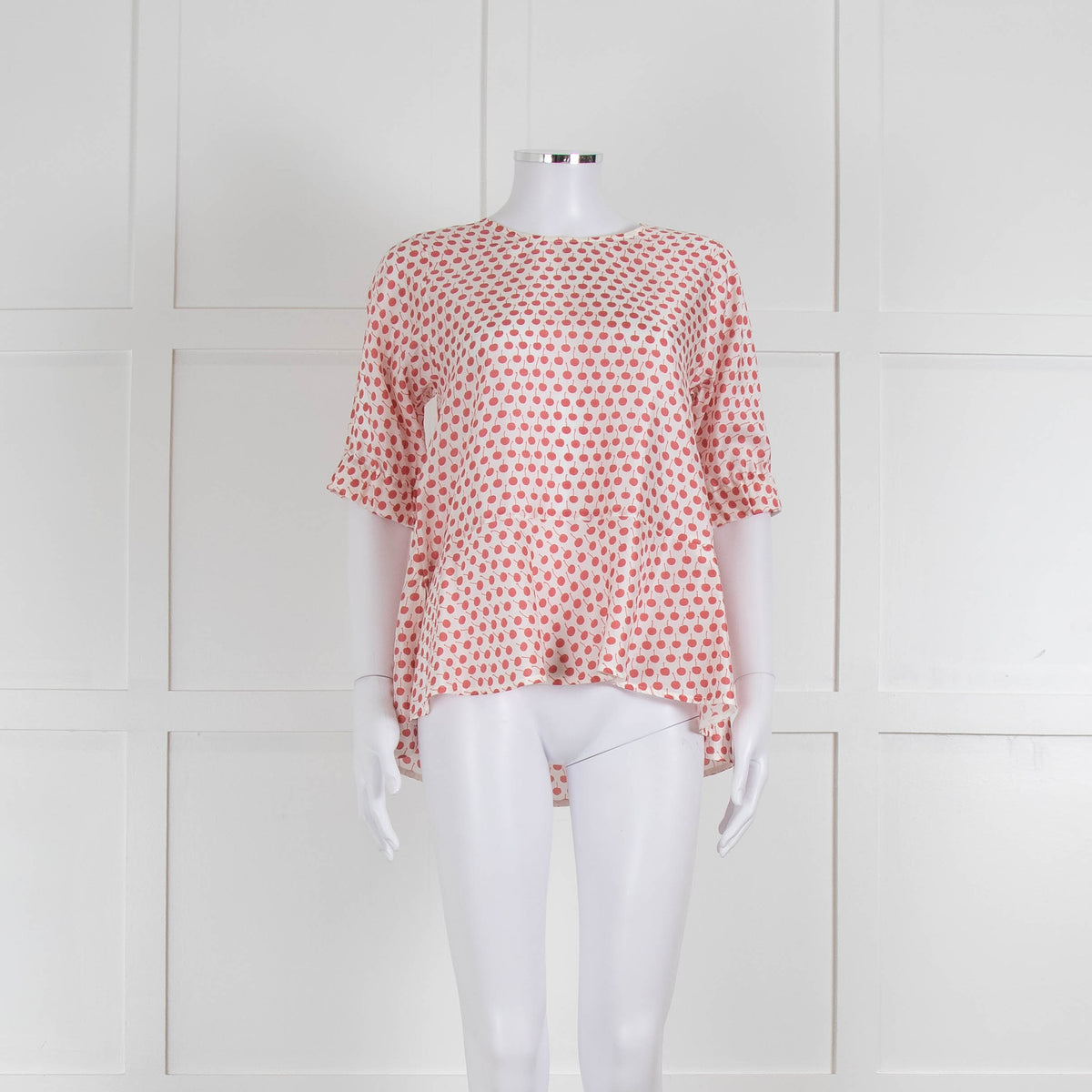 Odeeh White Silk Cherry Print 3/4 Length Sleeve Blouse