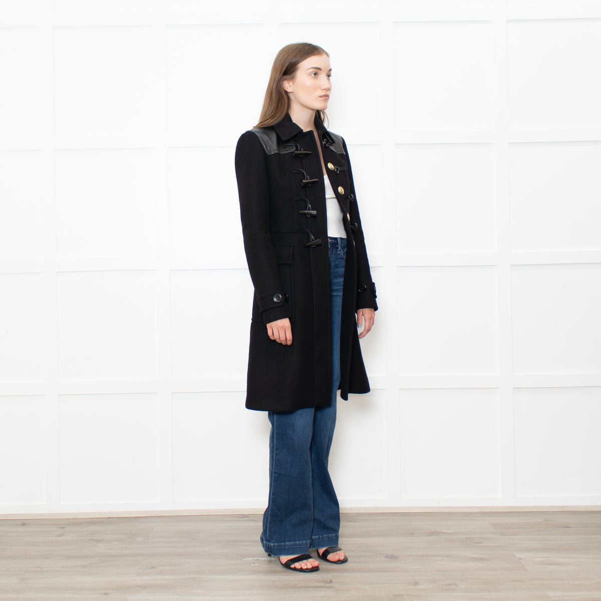 Burberry Black Wool Duffle Coat With Leather Shoulder Inserts