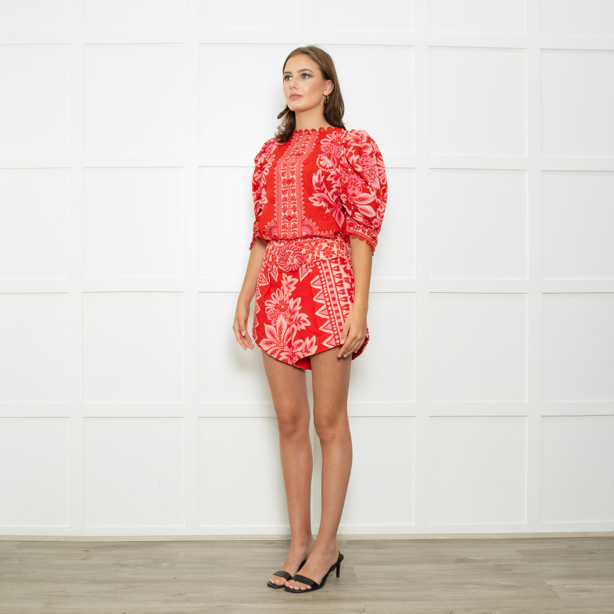 Farm Rio Big Red Flower Print Shorts With Belt